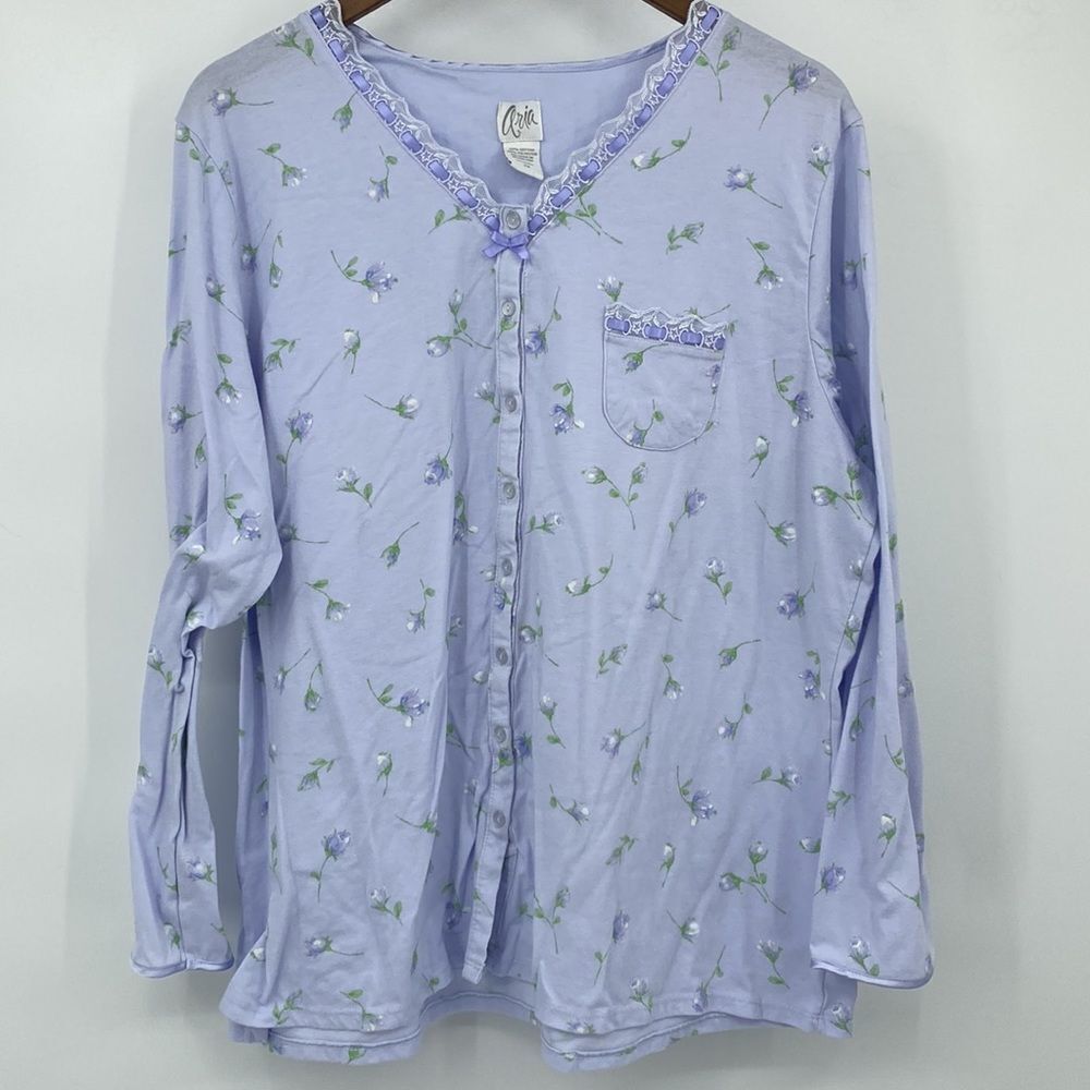 Aria Purple Lace Neckline Floral Pajama Top 2X